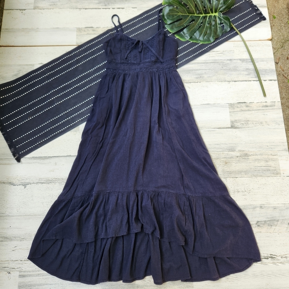 Abercrombie & Fitch Ruffle Hem Lace Bodice Tie Maxi Dress Navy Blue Size SP